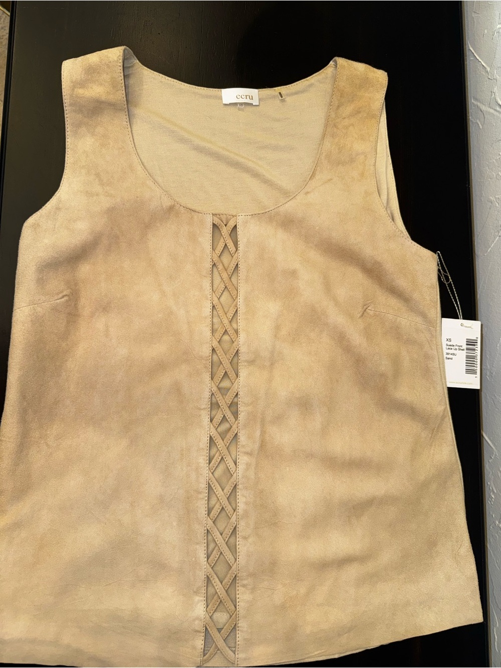 ecru Neutral Suede Lattice-Front Tank